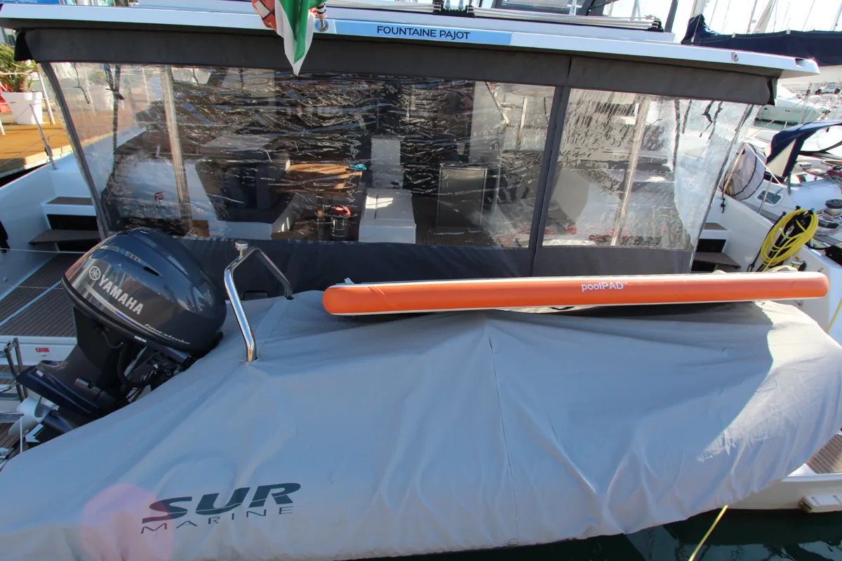 Deck of Sonrisa, a Fountaine Pajot Tanna 47 catamaran at Olbia, Italy