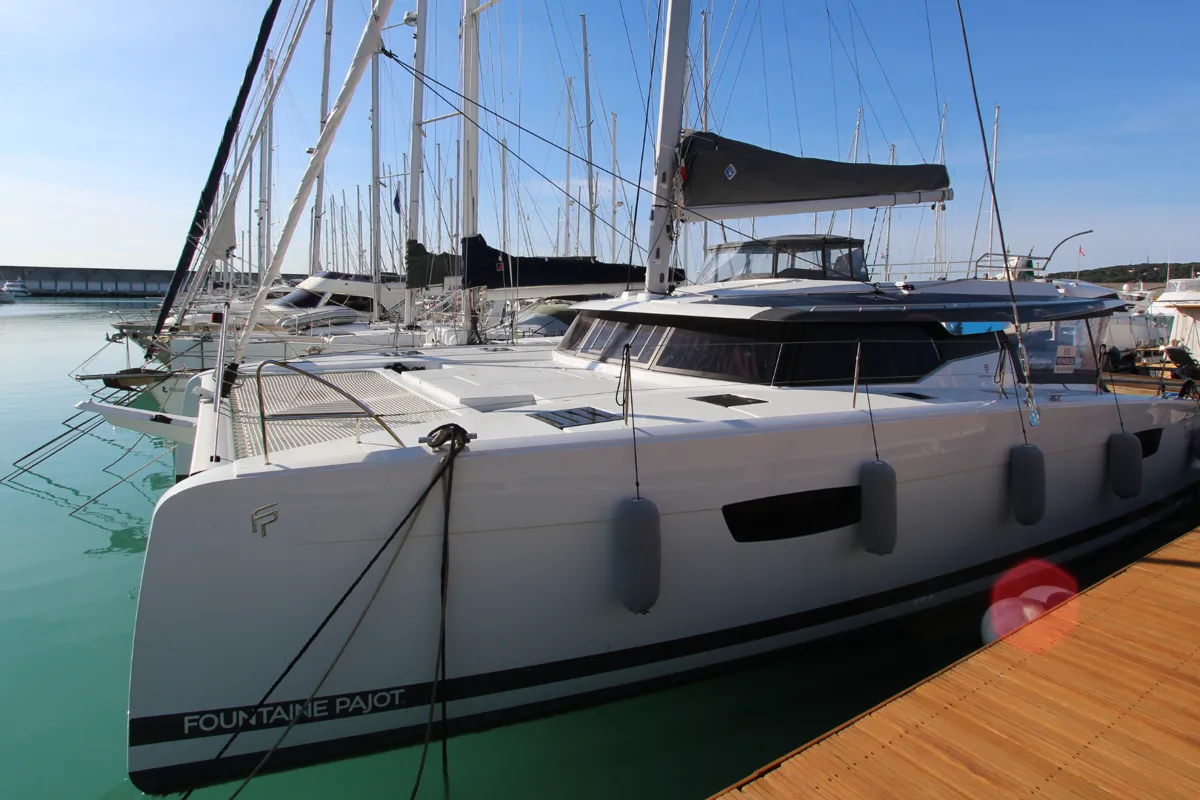 Exterior view of Sonrisa, a Fountaine Pajot Tanna 47 catamaran at Olbia, Italy