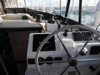 Cockpit of Sonrisa, a Fountaine Pajot Tanna 47 catamaran at Olbia, Italy