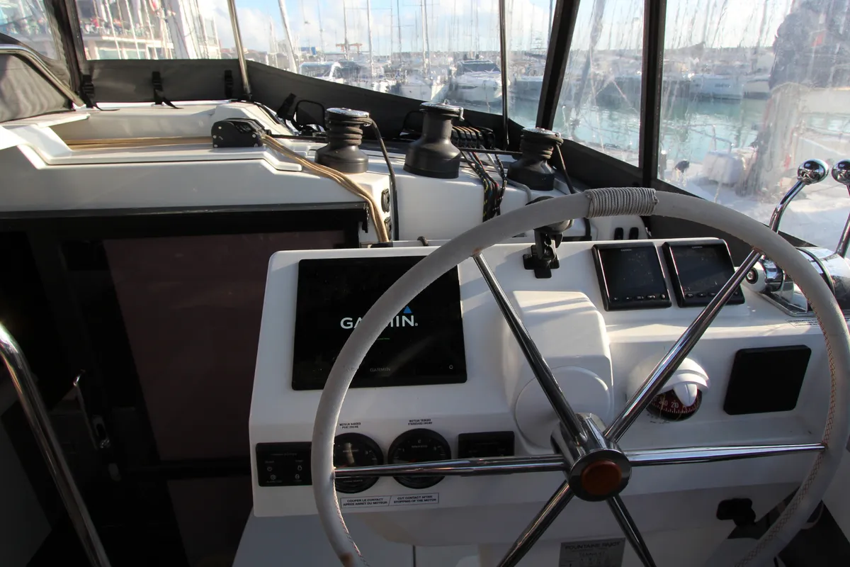 Cockpit of Sonrisa, a Fountaine Pajot Tanna 47 catamaran at Olbia, Italy