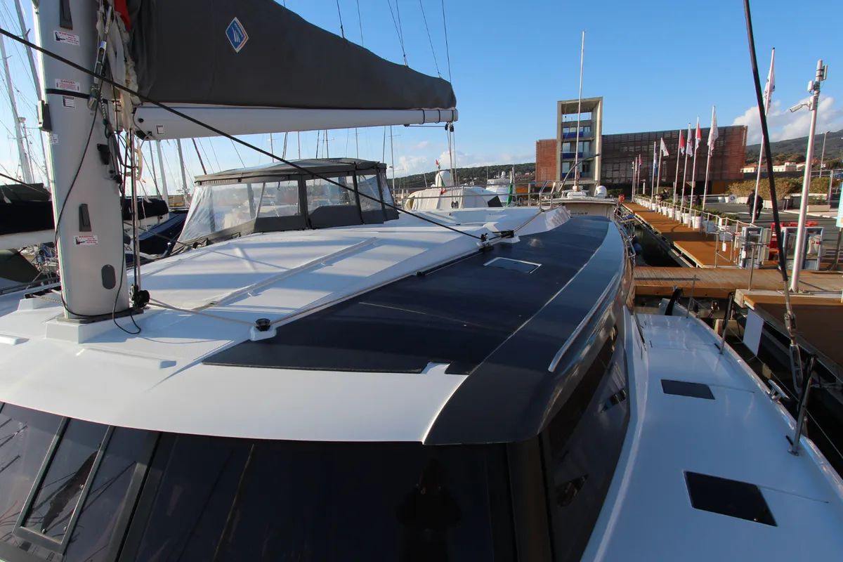 Deck of Sonrisa, a Fountaine Pajot Tanna 47 catamaran at Olbia, Italy