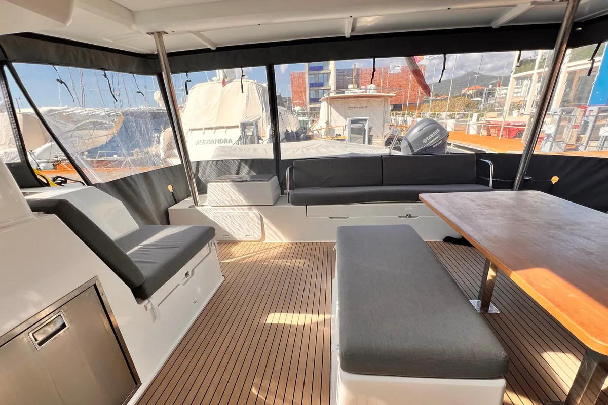 Deck of Sonrisa, a Fountaine Pajot Tanna 47 catamaran at Olbia, Italy