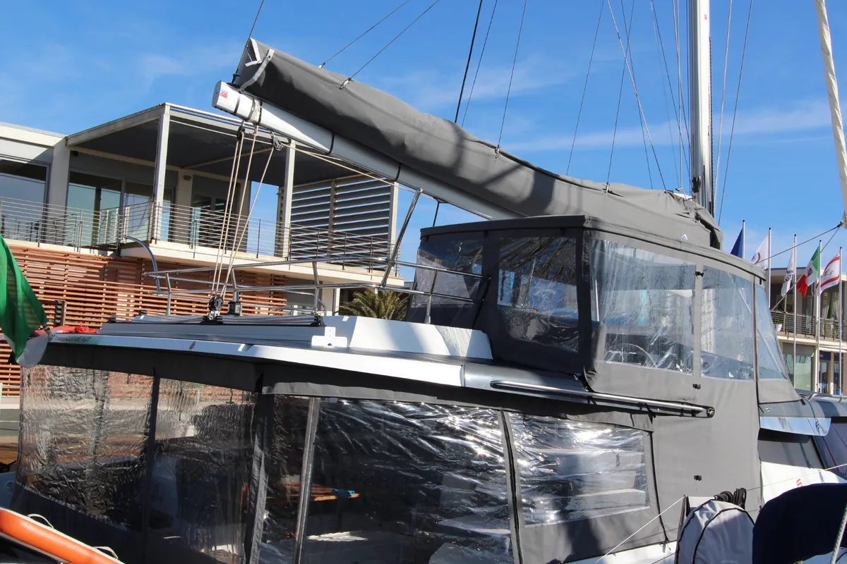 Exterior view of Sonrisa, a Fountaine Pajot Tanna 47 catamaran at Olbia, Italy