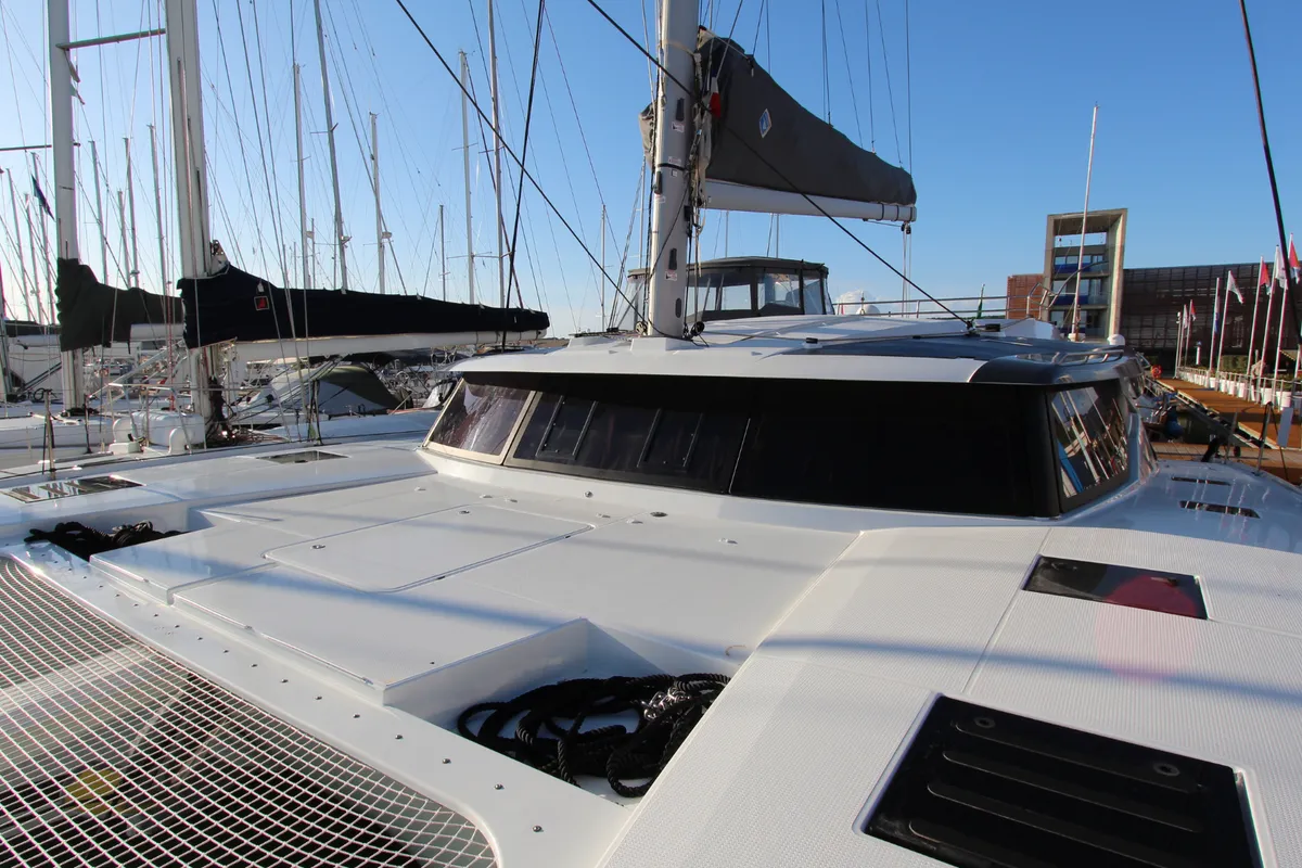 Deck of Sonrisa, a Fountaine Pajot Tanna 47 catamaran at Olbia, Italy