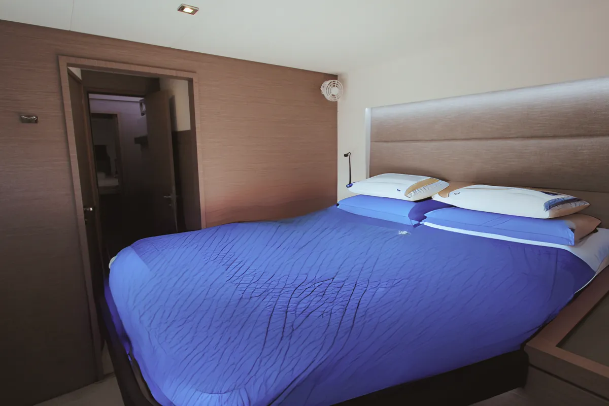 Cabin on Sonrisa, a Fountaine Pajot Tanna 47 catamaran at Olbia, Italy