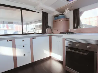 Galley of Sonrisa, a Fountaine Pajot Tanna 47 catamaran at Olbia, Italy