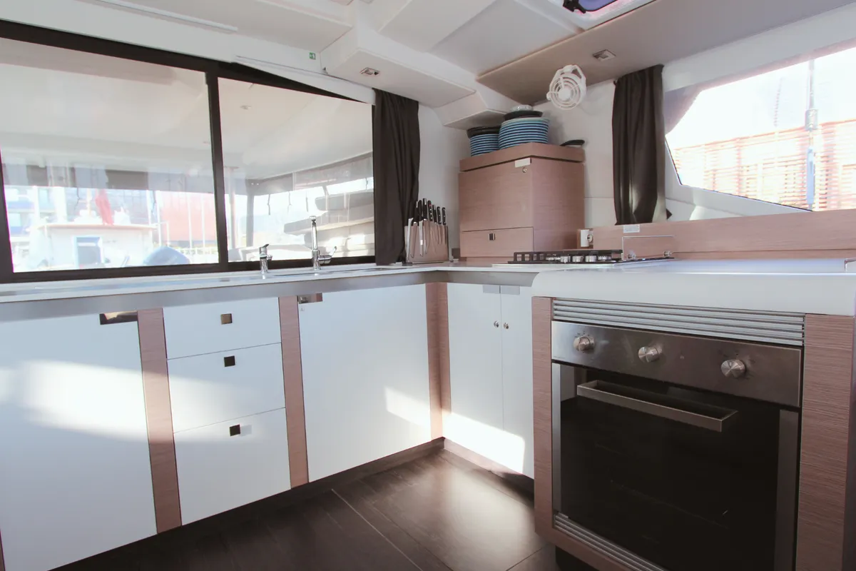 Galley of Sonrisa, a Fountaine Pajot Tanna 47 catamaran at Olbia, Italy