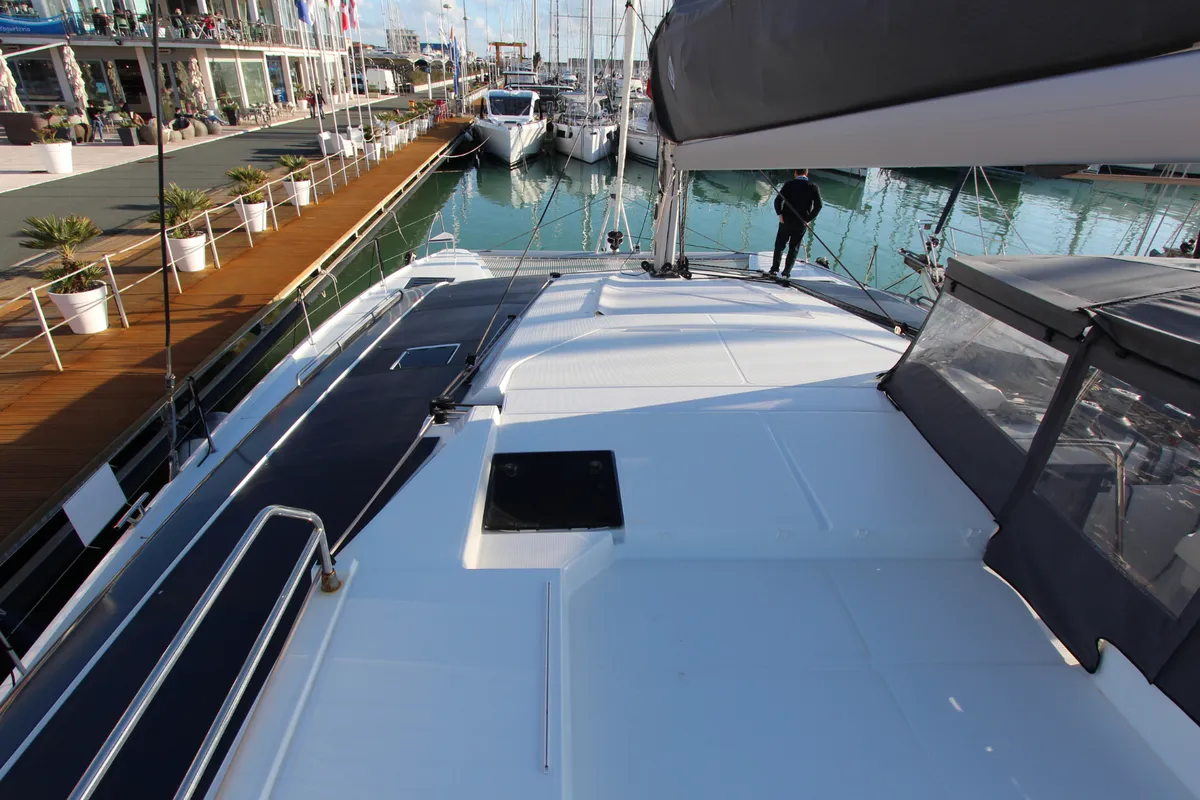 Deck of Sonrisa, a Fountaine Pajot Tanna 47 catamaran at Olbia, Italy
