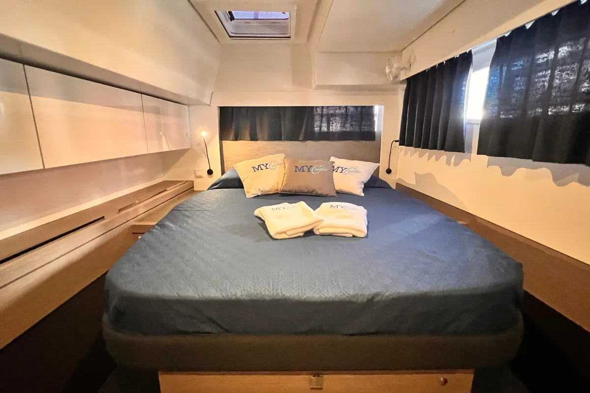 Cabin on Sonrisa, a Fountaine Pajot Tanna 47 catamaran at Olbia, Italy