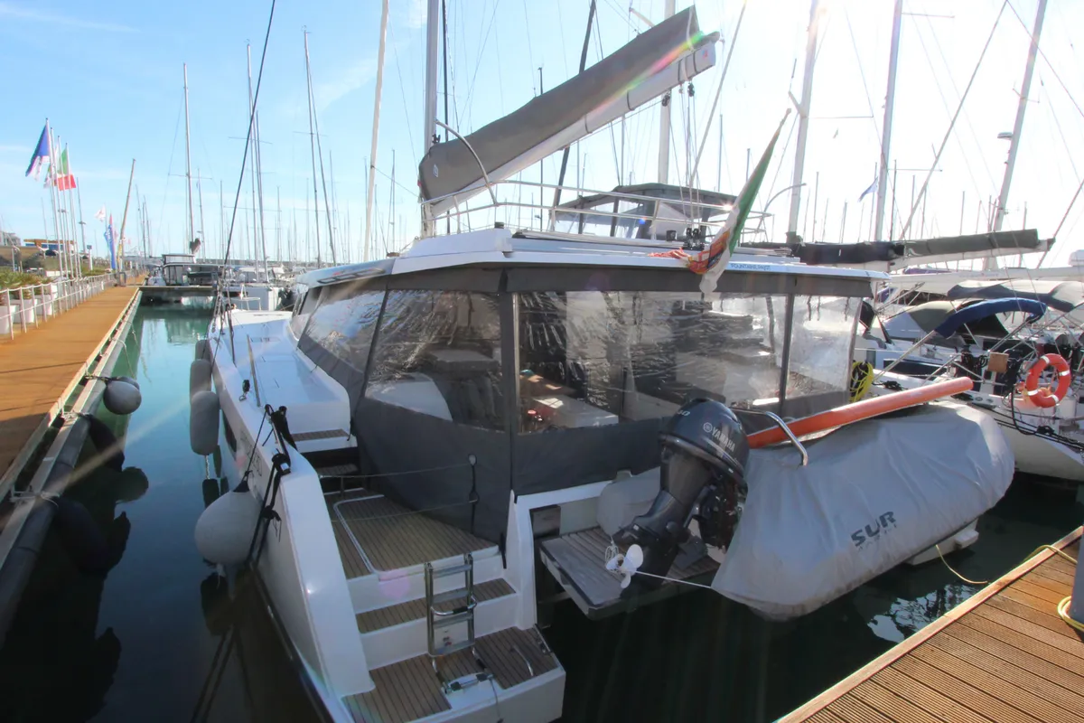 Exterior view of Sonrisa, a Fountaine Pajot Tanna 47 catamaran at Olbia, Italy