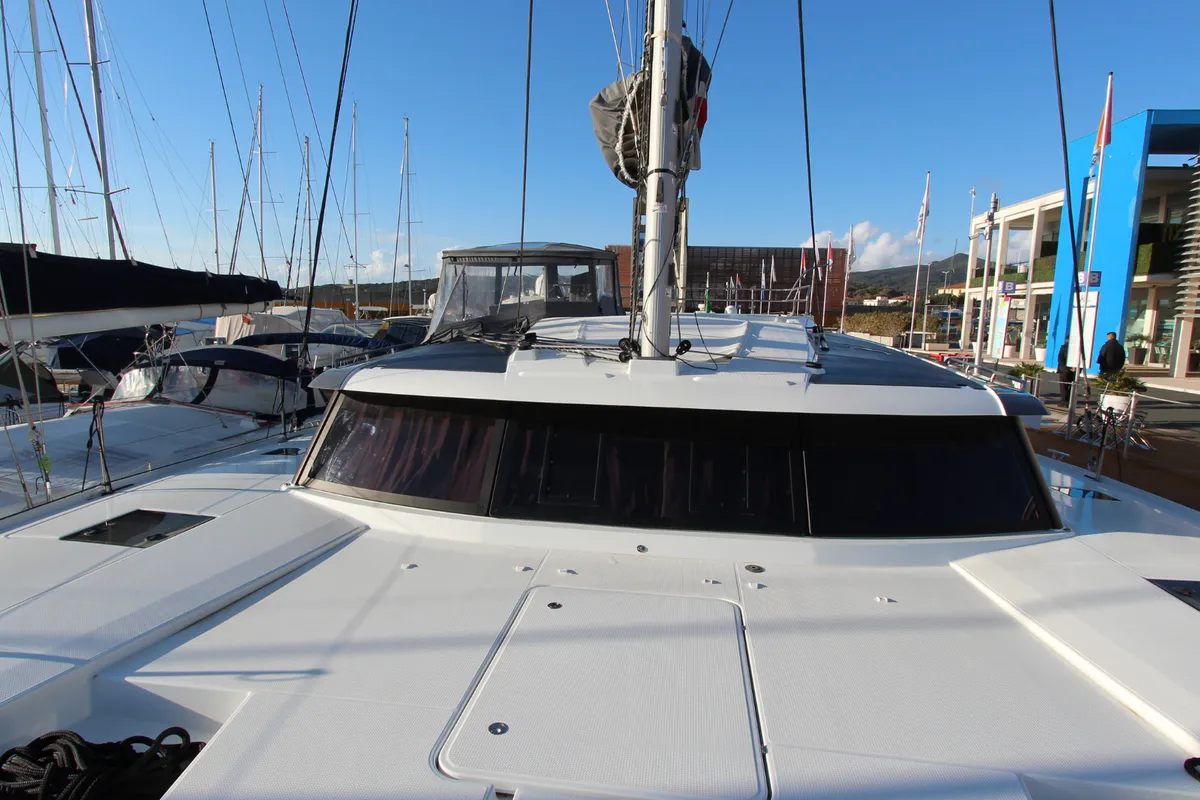 Deck of Sonrisa, a Fountaine Pajot Tanna 47 catamaran at Olbia, Italy