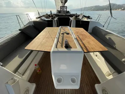 Deck of Fulham, a Dufour 460 Grand Large sailboat at Dénia, Spain