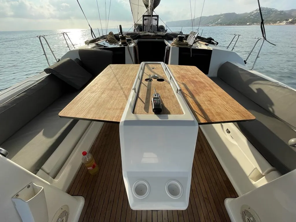Deck of Fulham, a Dufour 460 Grand Large sailboat at Dénia, Spain