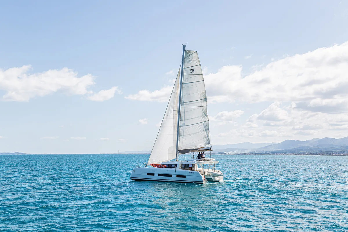 Exterior view of Oblivion Planet, a Dufour Catamaran 48 catamaran at Palermo, Italy