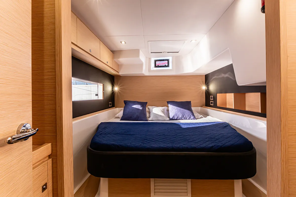 Cabin on Oblivion Planet, a Dufour Catamaran 48 catamaran at Palermo, Italy