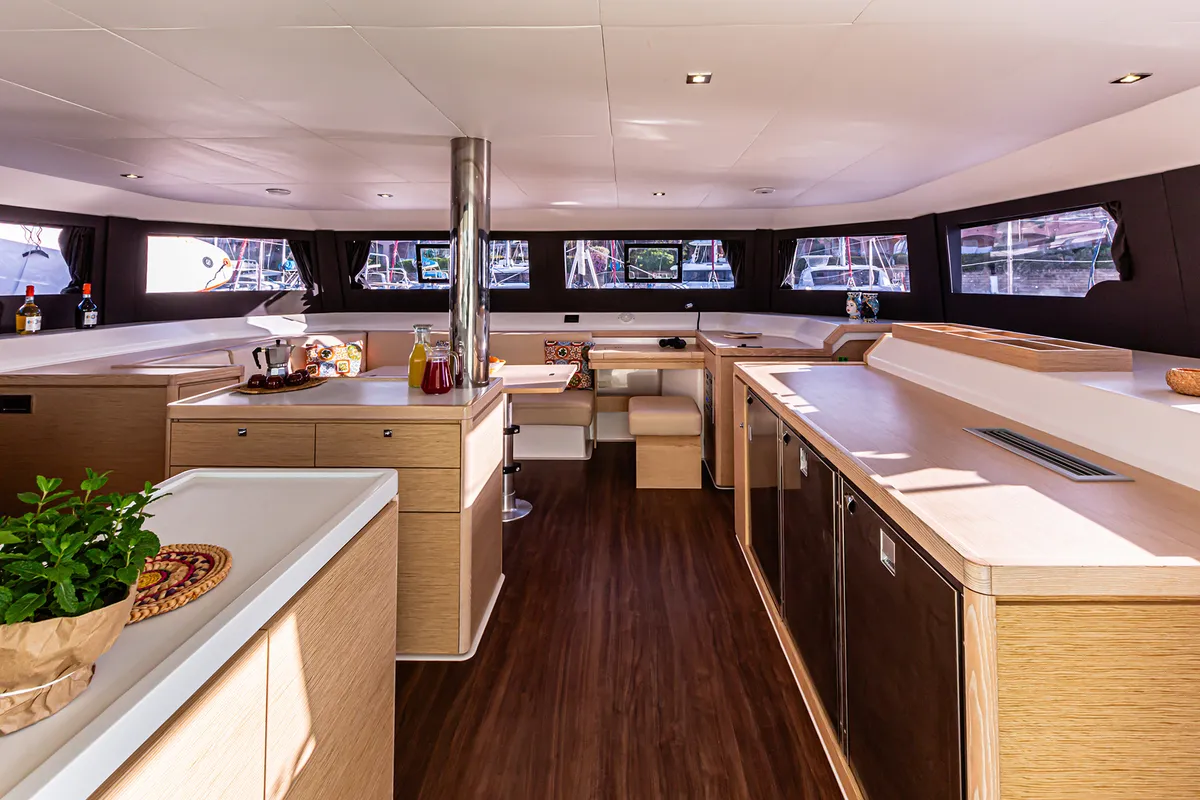 Salon of Oblivion Planet, a Dufour Catamaran 48 catamaran at Palermo, Italy