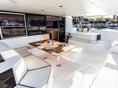 Deck of Oblivion Planet, a Dufour Catamaran 48 catamaran at Palermo, Italy