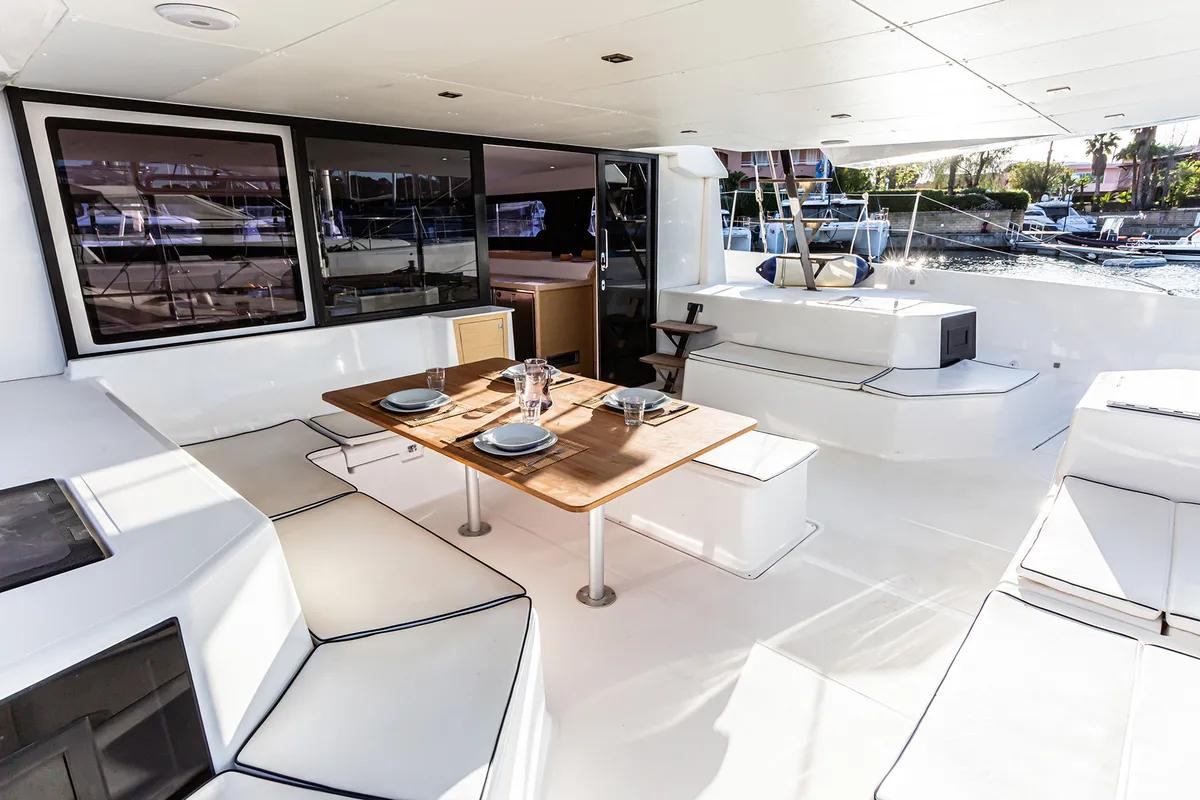 Deck of Oblivion Planet, a Dufour Catamaran 48 catamaran at Palermo, Italy