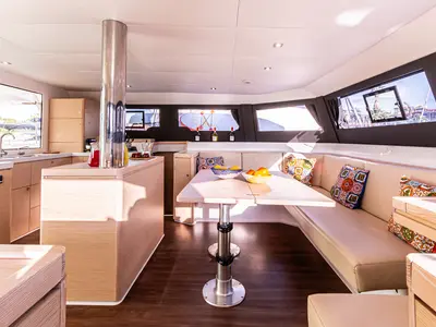 Salon of Oblivion Planet, a Dufour Catamaran 48 catamaran at Palermo, Italy