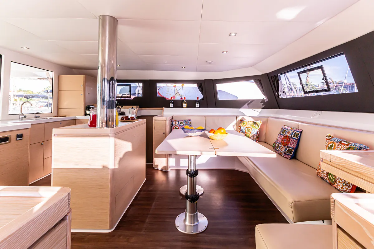 Salon of Oblivion Planet, a Dufour Catamaran 48 catamaran at Palermo, Italy