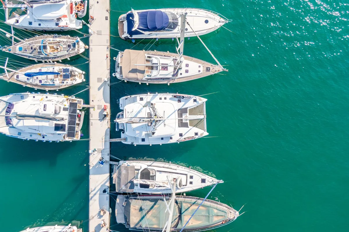 Exterior view of Enjoy, a Lagoon 46 catamaran at Kontokali, Greece