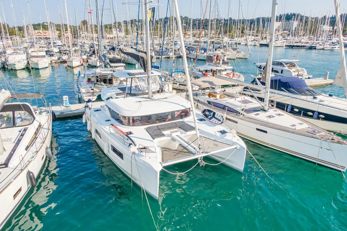 Exterior view of Enjoy, a Lagoon 46 catamaran at Kontokali, Greece