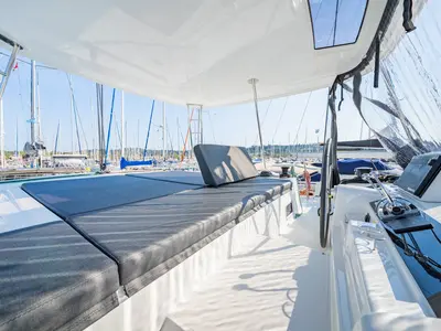 Cockpit of Enjoy, a Lagoon 46 catamaran at Kontokali, Greece