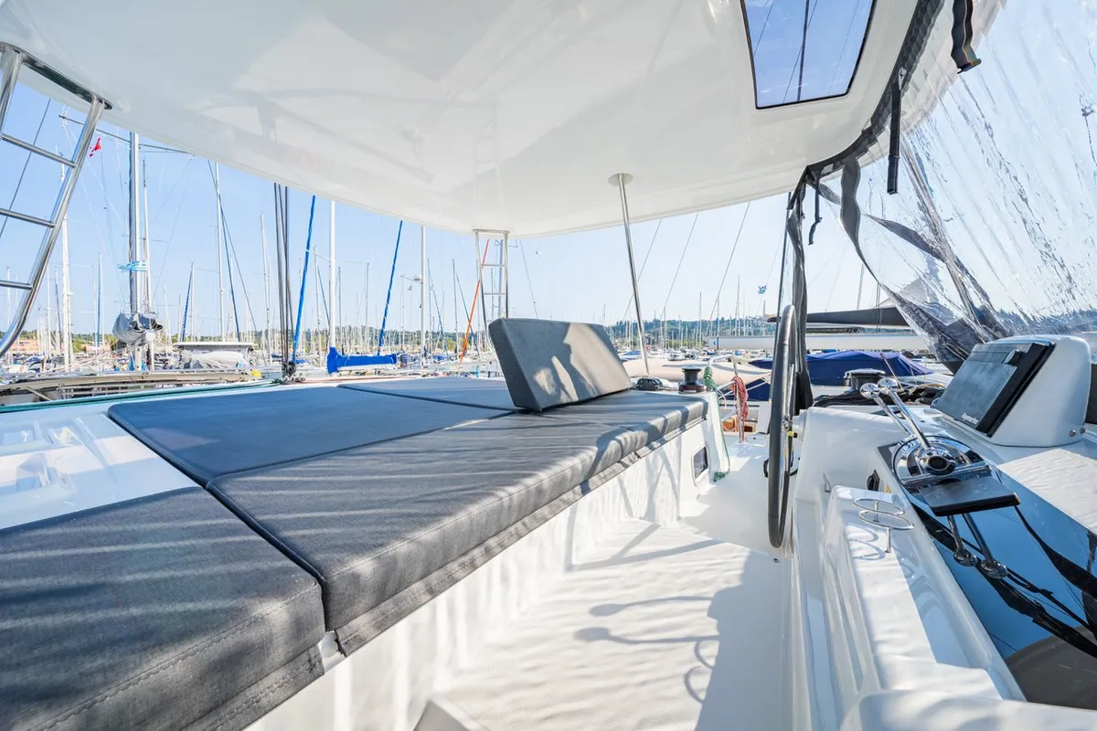 Cockpit of Enjoy, a Lagoon 46 catamaran at Kontokali, Greece