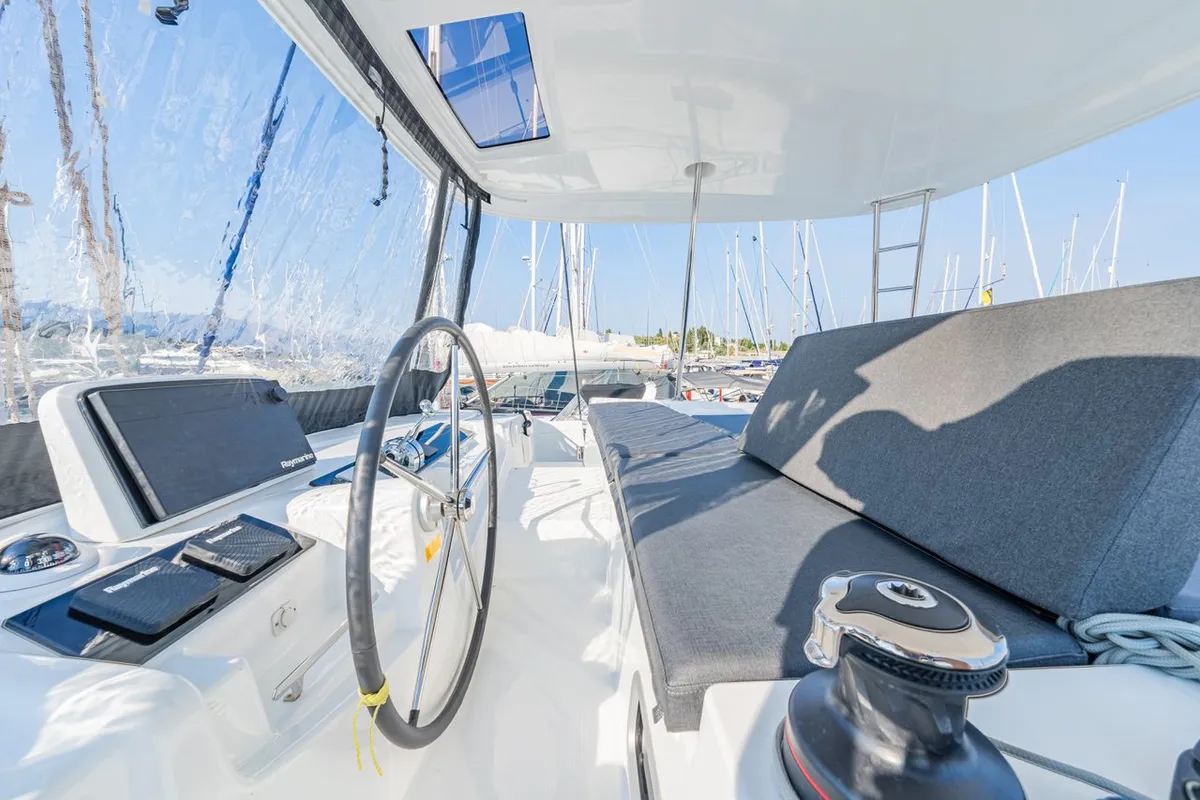 Cockpit of Enjoy, a Lagoon 46 catamaran at Kontokali, Greece