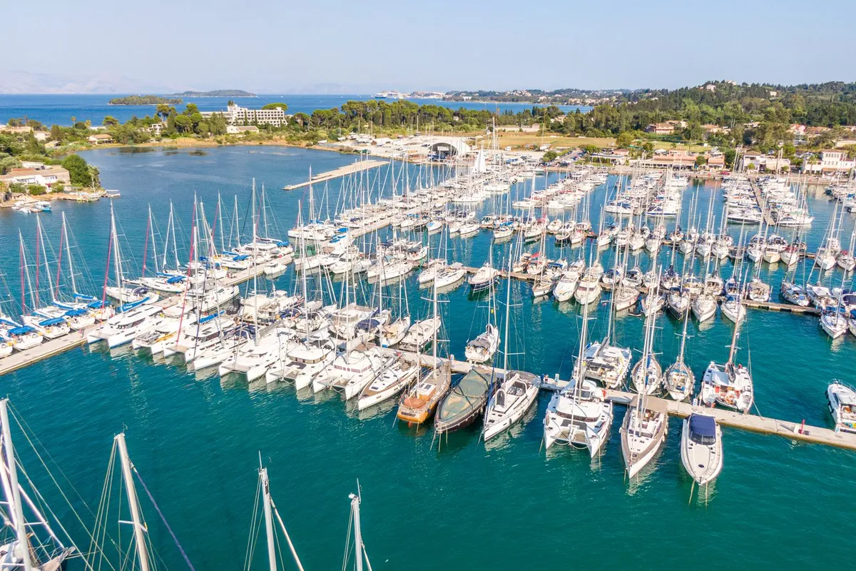 Exterior view of Enjoy, a Lagoon 46 catamaran at Kontokali, Greece