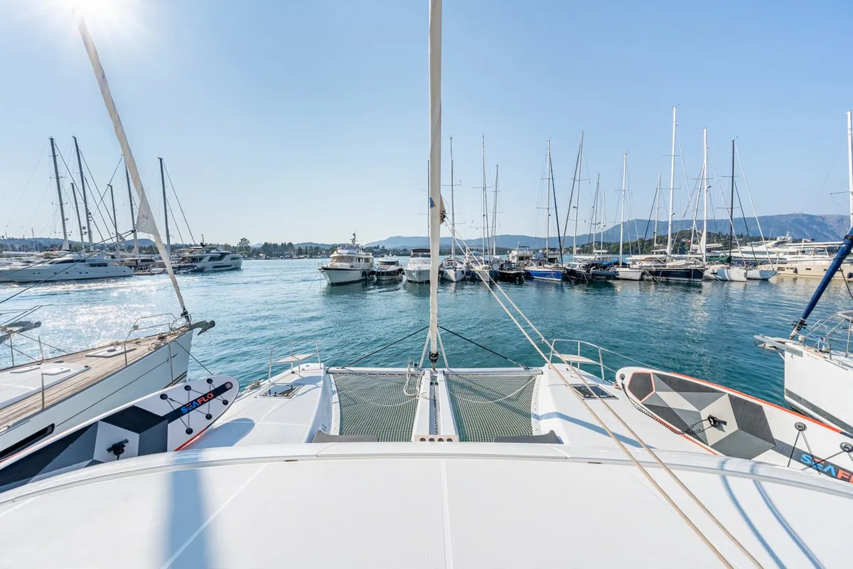 Deck of Enjoy, a Lagoon 46 catamaran at Kontokali, Greece