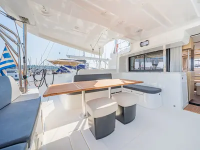 Deck of Enjoy, a Lagoon 46 catamaran at Kontokali, Greece