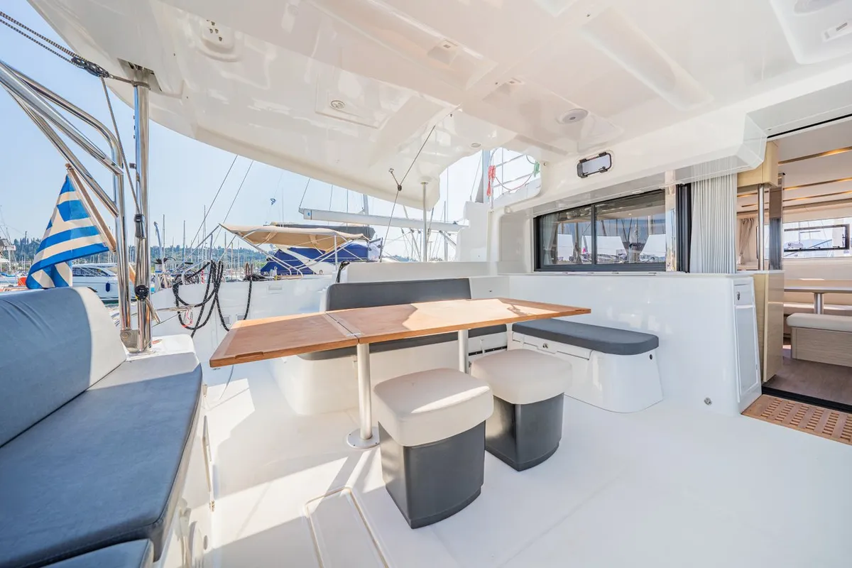 Deck of Enjoy, a Lagoon 46 catamaran at Kontokali, Greece