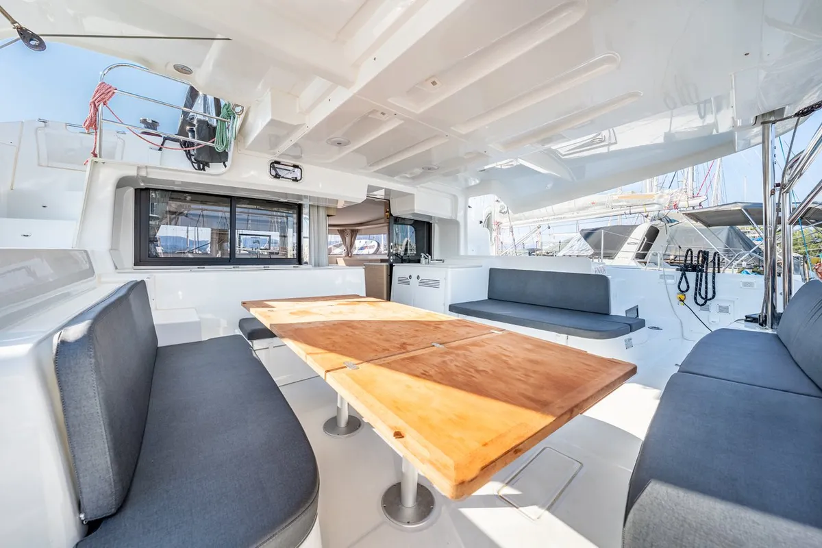 Deck of Enjoy, a Lagoon 46 catamaran at Kontokali, Greece