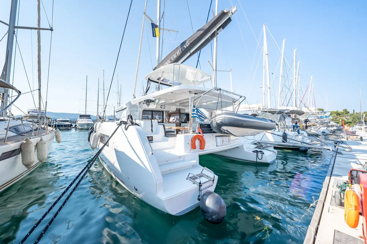 Exterior view of Enjoy, a Lagoon 46 catamaran at Kontokali, Greece