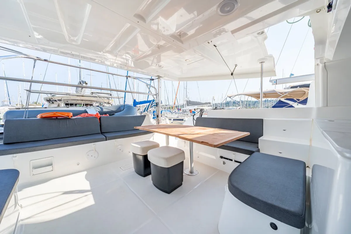 Deck of Enjoy, a Lagoon 46 catamaran at Kontokali, Greece