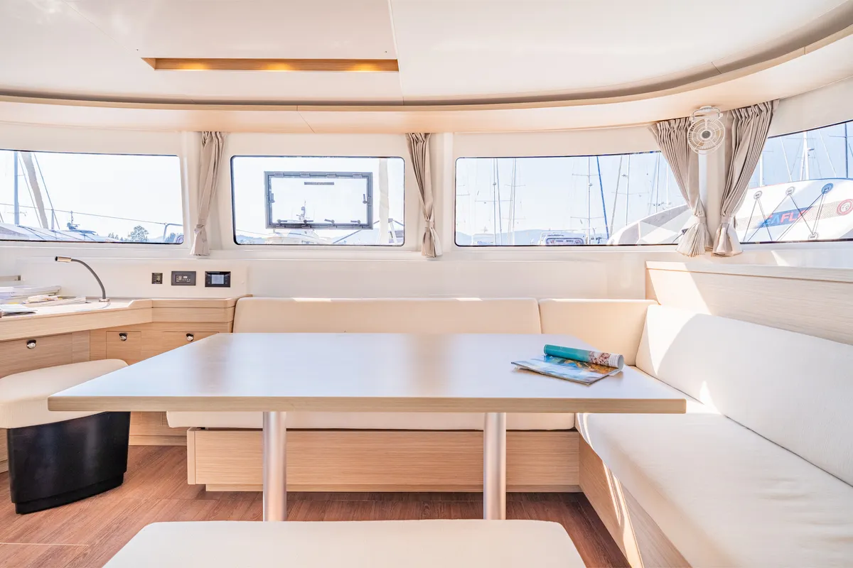 Salon of Enjoy, a Lagoon 46 catamaran at Kontokali, Greece