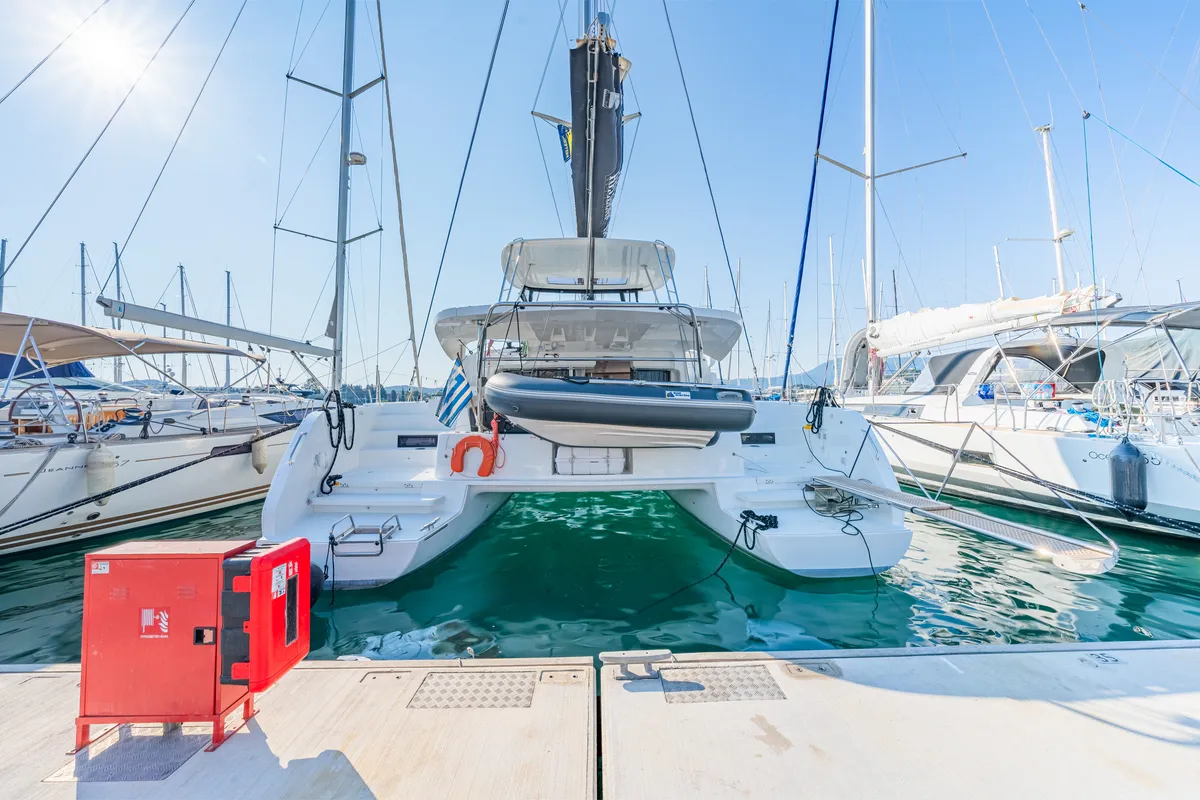 Exterior view of Enjoy, a Lagoon 46 catamaran at Kontokali, Greece