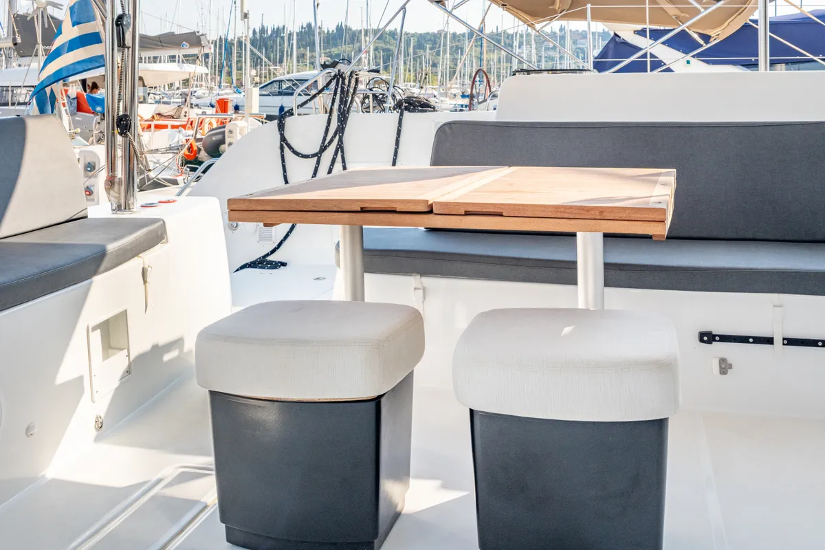 Deck of Enjoy, a Lagoon 46 catamaran at Kontokali, Greece