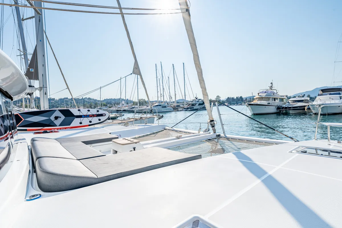 Deck of Enjoy, a Lagoon 46 catamaran at Kontokali, Greece