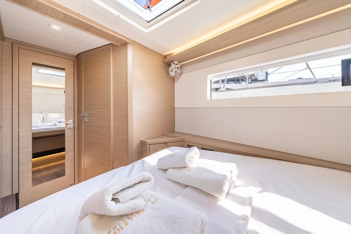 Exterior view of Enjoy, a Lagoon 46 catamaran at Kontokali, Greece
