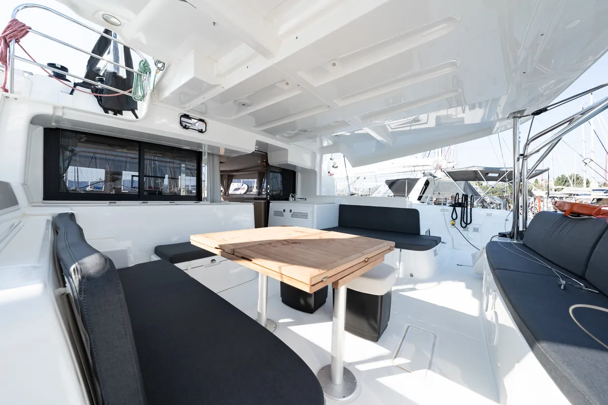 Deck of Enjoy, a Lagoon 46 catamaran at Kontokali, Greece