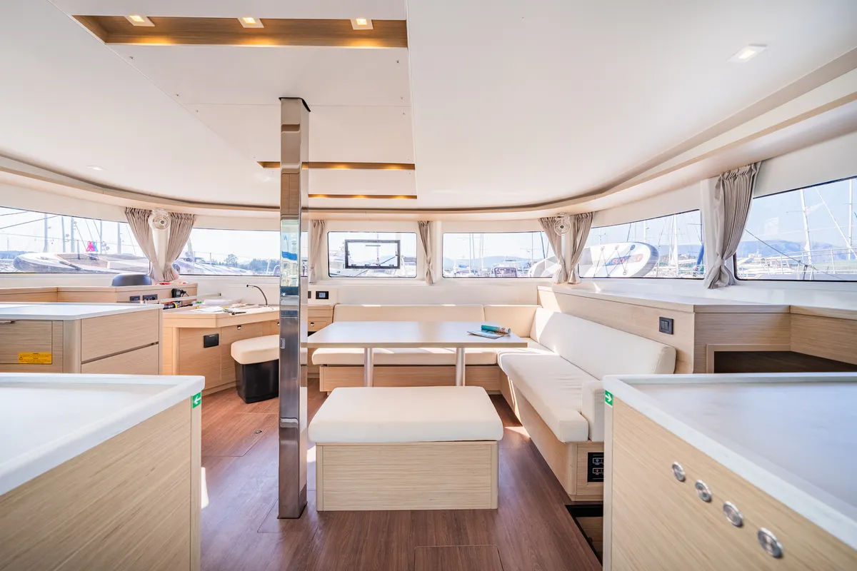 Salon of Enjoy, a Lagoon 46 catamaran at Kontokali, Greece
