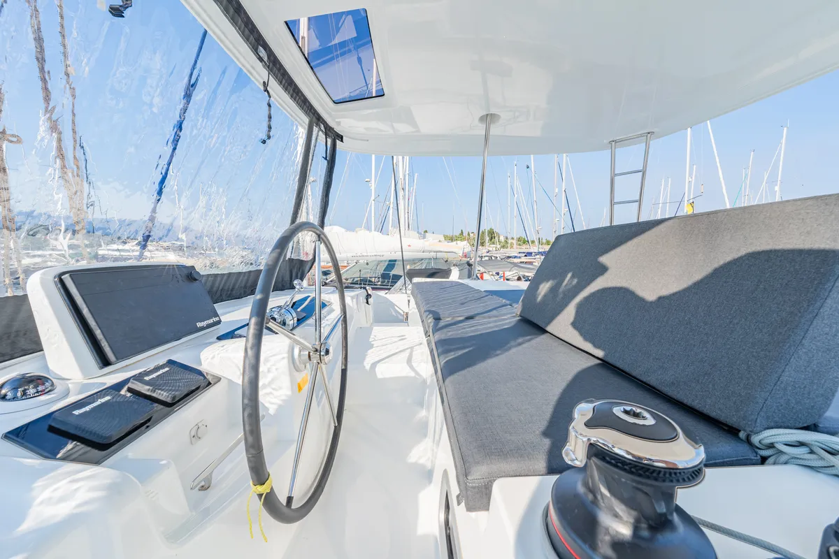 Cockpit of Enjoy, a Lagoon 46 catamaran at Kontokali, Greece