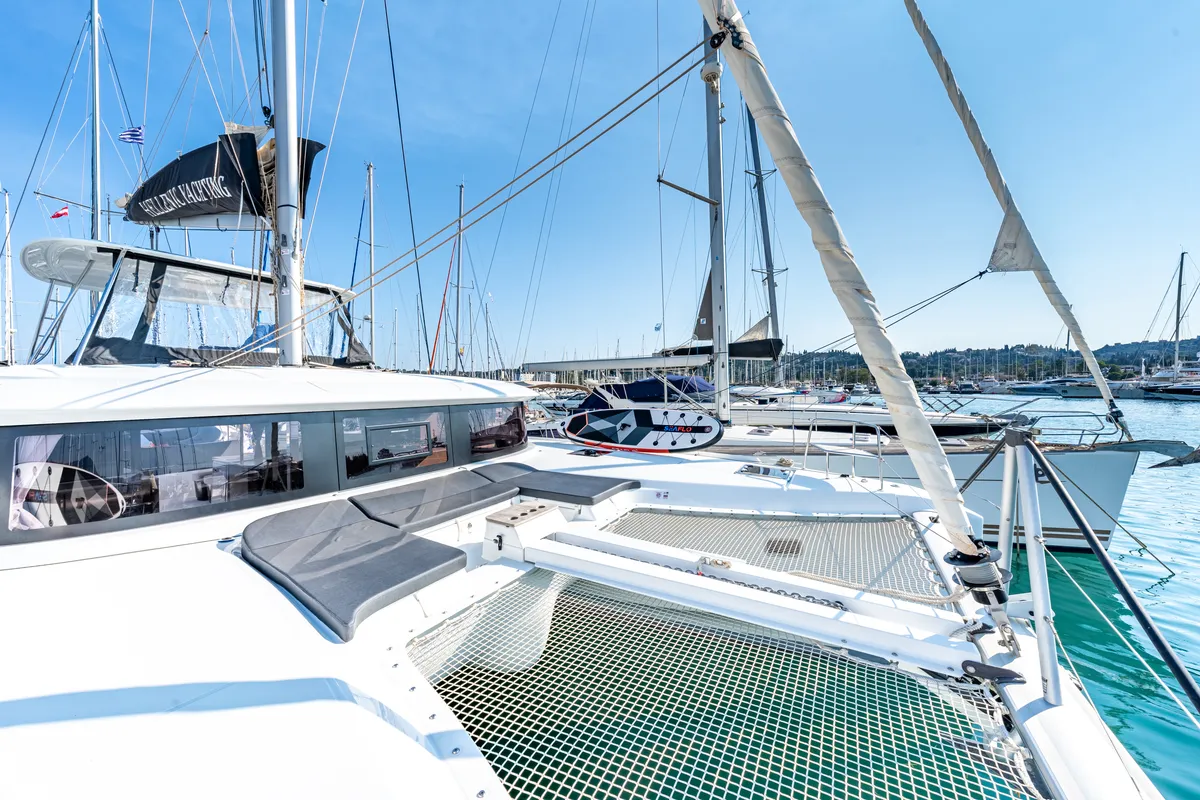 Deck of Enjoy, a Lagoon 46 catamaran at Kontokali, Greece
