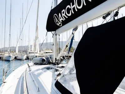 Deck of Captain Melianos, a Bavaria C46 sailboat at Kos, Greece
