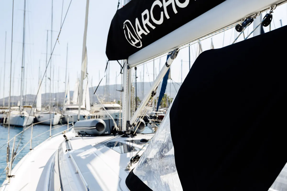 Deck of Captain Melianos, a Bavaria C46 sailboat at Kos, Greece