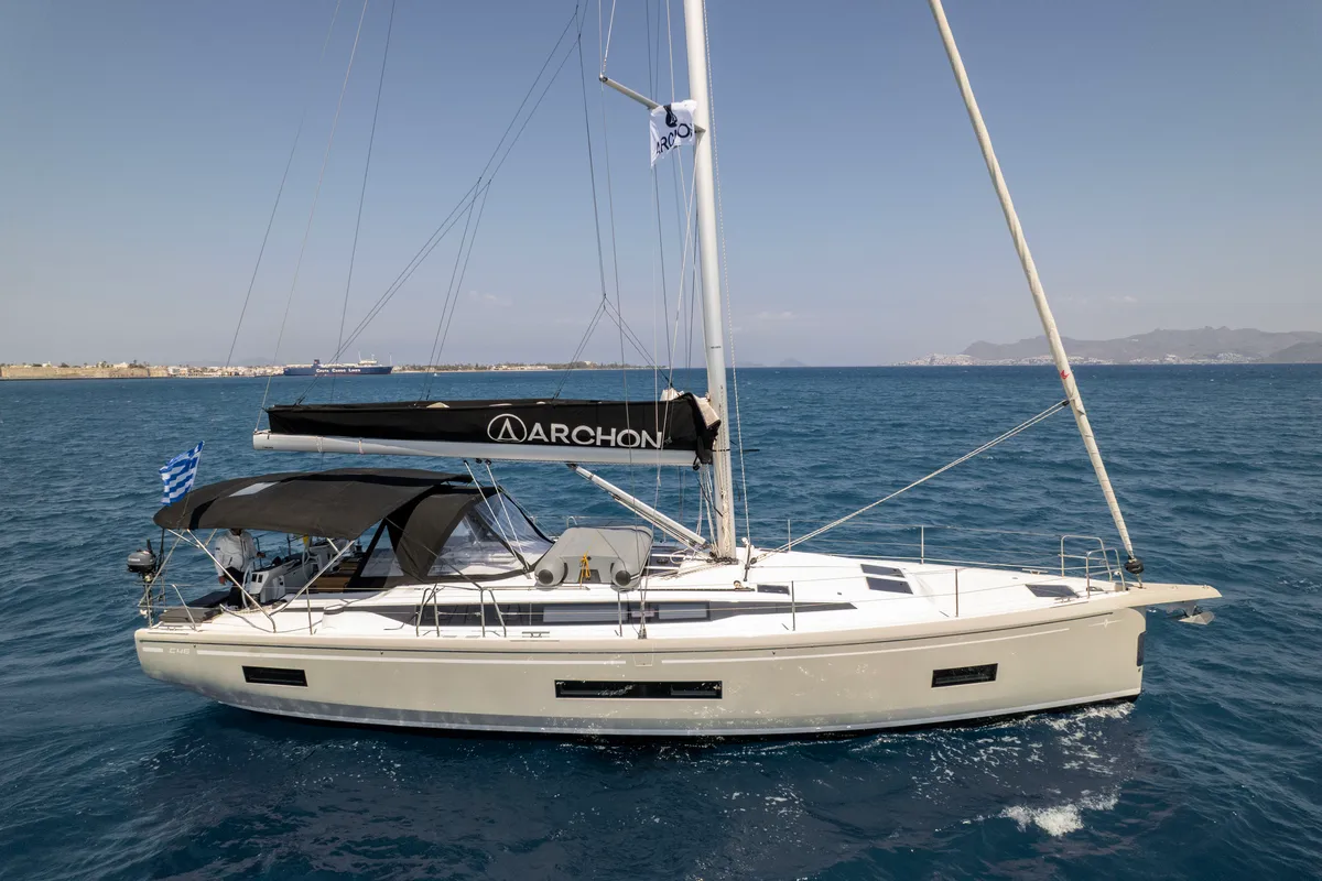 Exterior view of Captain Melianos, a Bavaria C46 sailboat at Kos, Greece