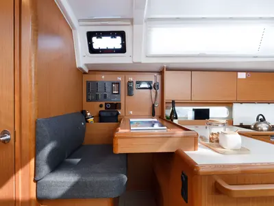 Salon of Captain Melianos, a Bavaria C46 sailboat at Kos, Greece