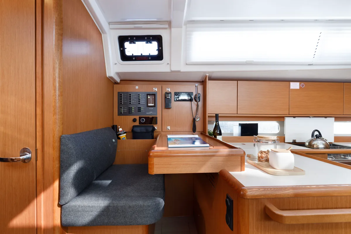 Salon of Captain Melianos, a Bavaria C46 sailboat at Kos, Greece